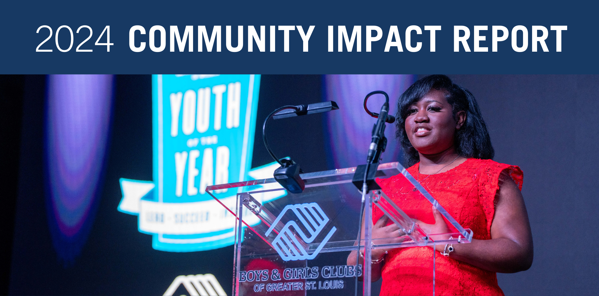 2024 community impact report, woman standing on stage speaking, smart girls program
