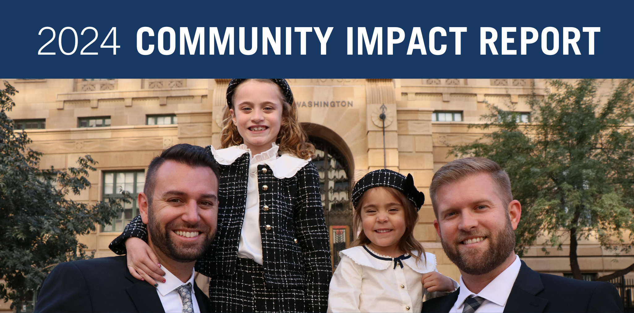 2024 Community Impact Report, two men with two children in front of a church, Child Crisis Arizona