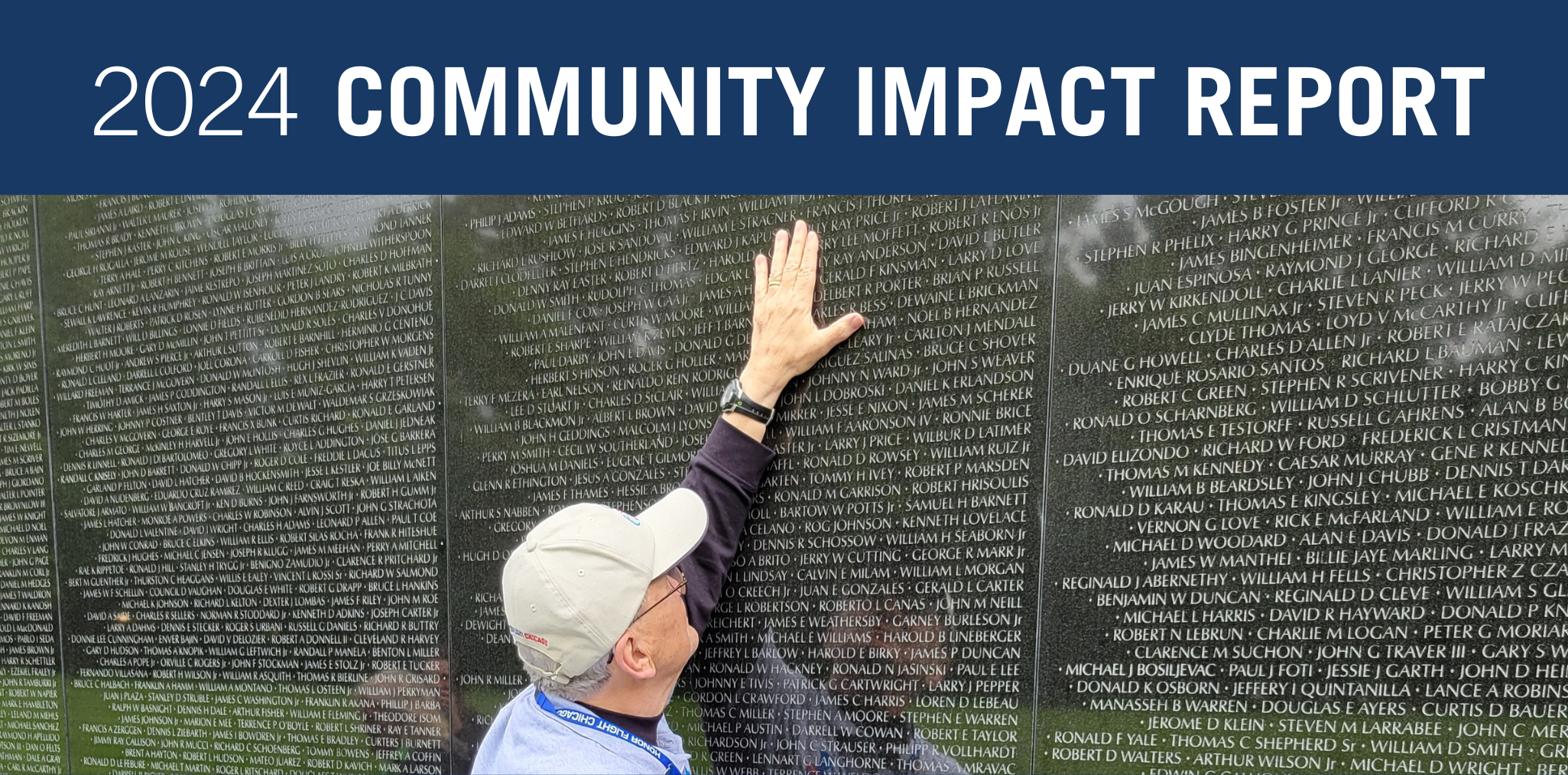 2024 Community Impact Report, man with his hand on a memorial, honor flight