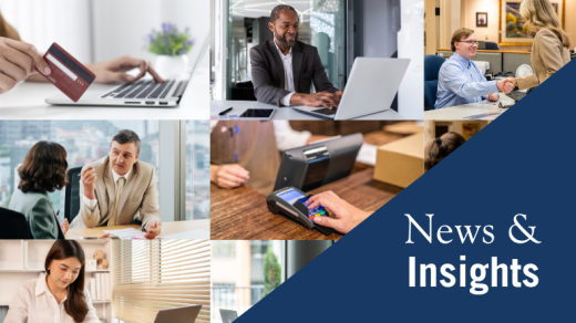 Multiple images featuring business professionals, Text: News & Insights, Enterprise Bank & Trust