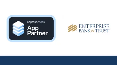 Graphic with the Appfolio stack App Partner logo and Enterprise Bank & Trust logo