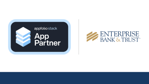 Graphic with the Appfolio stack App Partner logo and Enterprise Bank & Trust logo
