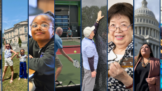 Eight photos of people in a collage. 