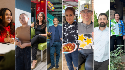 Eight images of people in a collage
