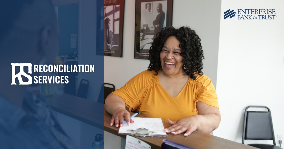 Reconciliation Services logo with woman smiling 