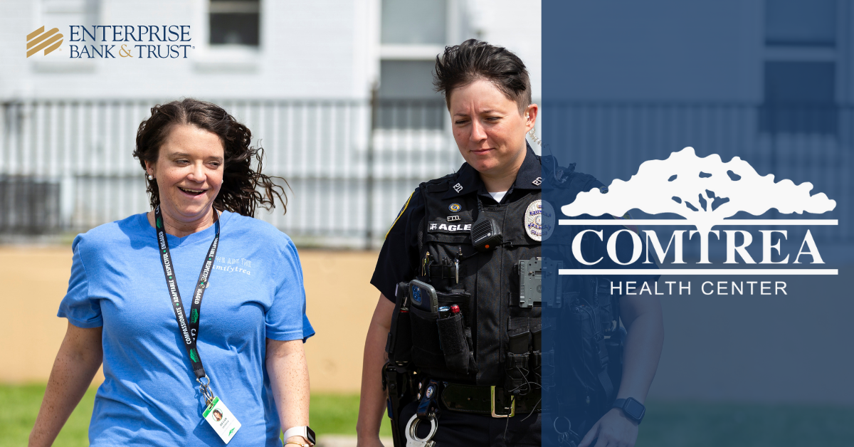 Comtrea logo with two women walking and talking