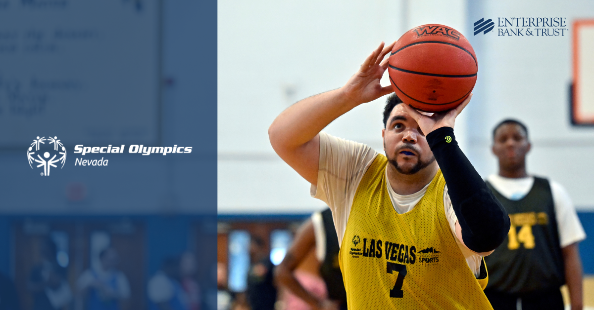 Special Olympics Las Vegas logo and basketball player shooting a basket