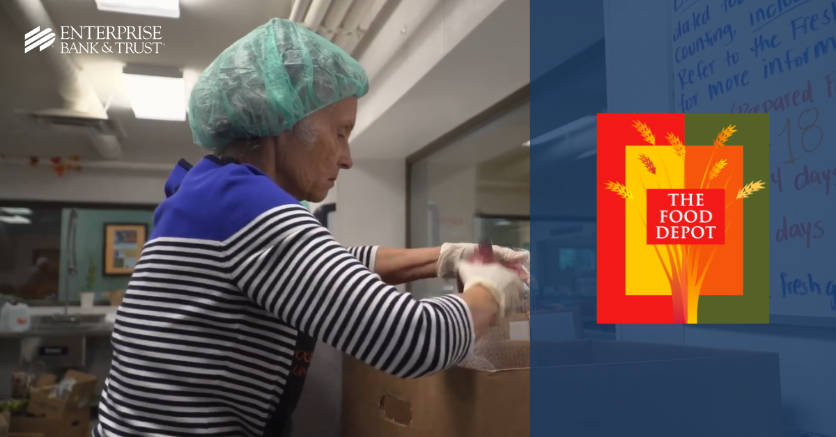 The Food Depot logo and woman working in cafeteria