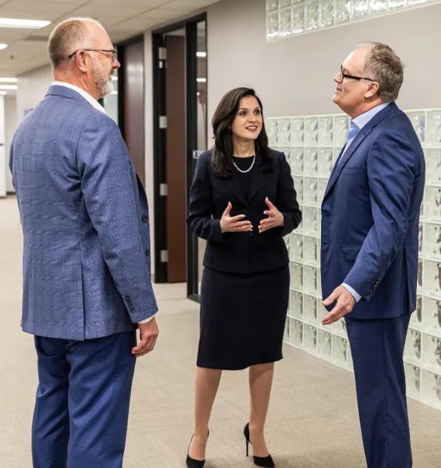 2 men and a woman standing and talking, Enterprise Bank & Trust