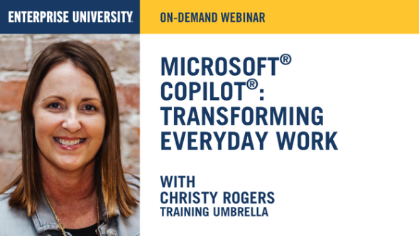 Graphic with a Christy Rogers headshot and text: Enterprise On-Demand, Microsoft Copilot: Transforming Everyday Work with Christy Rogers, Training Umbrella