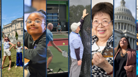 Eight photos of people in a collage. 