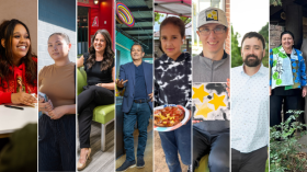 Eight images of people in a collage